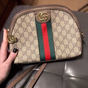 Designer Inspired Beige Crossbody with Red and Green Stripe
